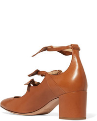 Chloé Mike Bow Embellished Leather Mary Jane Pumps Tan