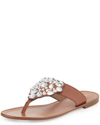 Brown Embellished Leather Thong Sandals