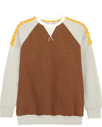 NO KA 'OI No Kaoi Embellished Mesh Paneled Metallic Stretch Jersey Sweatshirt Tan