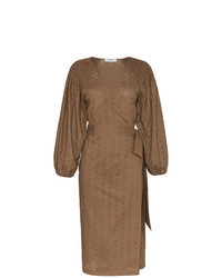 Brown Embroidered Cotton Wrap Dress