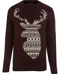 River Island Dark Red Stag Christmas Sweater