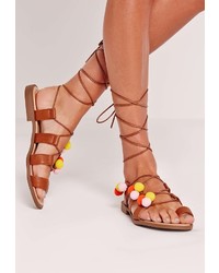 Missguided Pom Pom Lace Up Flat Sandals Tan