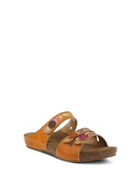 Brown Floral Leather Flat Sandals