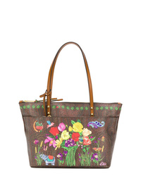 Brown Floral Leather Tote Bag