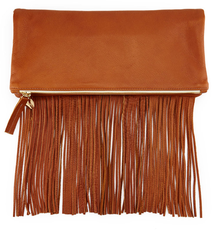 Leather Fold-Over Fringe Clutch Bag Tan