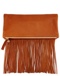 Clare Vivier Clare V Leather Fold Over Fringe Clutch Bag Tan