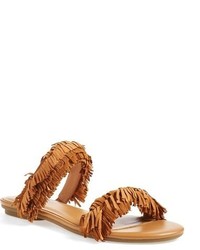 Brown Fringe Leather Flat Sandals