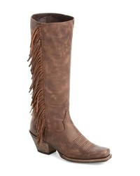 Brown Fringe Leather Knee High Boots
