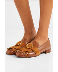Chloé Olly Fringed Suede Trimmed Embellished Leather Loafers Tan