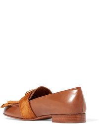 Chloé Olly Fringed Suede Trimmed Embellished Leather Loafers Tan