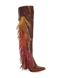 Brown Fringe Leather Over The Knee Boots