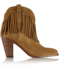 Saint Laurent New Western Fringed Suede Ankle Boots Tan