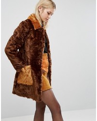 Asos A Line Coat In Faux Fur With Contrast Pockets
