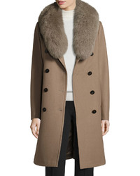 Elie Tahari Long Double Breasted Pea Coat W Fox Fur Collar Musk