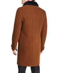 Burberry Prorsum Button Down Wool Coat With Shearling Fur Collar Dark Brown