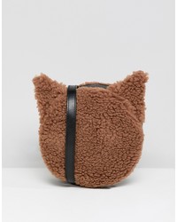 Monki Faux Fur Cross Body Cat Bag In Brown