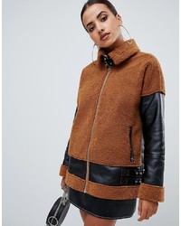 Missguided Borg And Leather Look Aviator Jacket In Brown