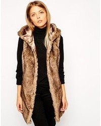 Asos Faux Fur Vest With Hood Taupe