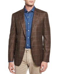 Isaia Windowpane Check Two Button Sport Coat Brown