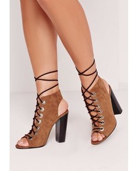 Missguided Eyelet Lace Up Block Heel Sandals Tan