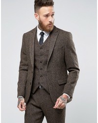 Asos Slim Suit Jacket In Brown Harris Tweed Herringbone 100% Wool