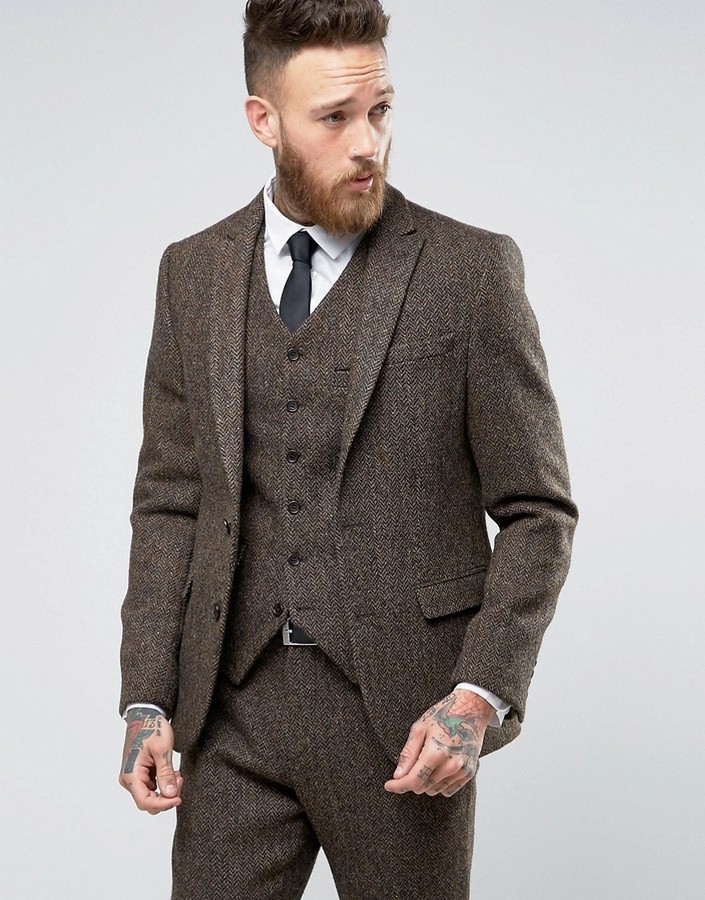 Asos Slim Suit Jacket In Brown Harris Tweed Herringbone 100% Wool, $188 ...