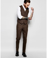 Asos Slim Vest In Brown Harris Tweed 100% Wool