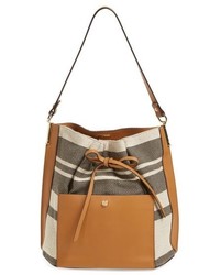 Brown Horizontal Striped Canvas Bucket Bag