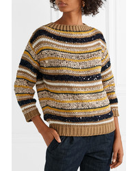Brunello Cucinelli Striped Sequined Cotton Blend Sweater