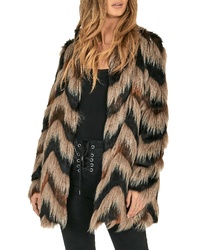 Brown Horizontal Striped Fur Coat