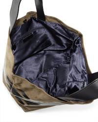 Neiman Marcus Faux Suede Striped Panel Tote Bag Oliveblack