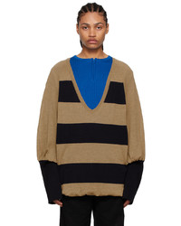 Brown Horizontal Striped V-neck Sweater