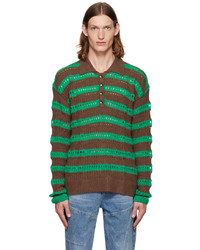 Brown Horizontal Striped Wool Polo Neck Sweater