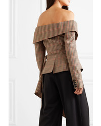 Monse Off The Shoulder Asymmetric Draped Checked Wool Blend Jacket