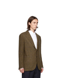 Drakes Brown And Green Wool Houndstooth Blazer