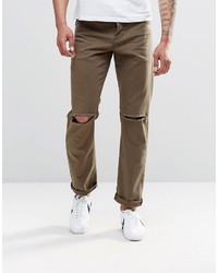 Asos Brand Stretch Slim Jeans In Khaki With Knee Rips