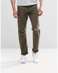 Asos Brand Stretch Slim Jeans In Khaki With Knee Rips