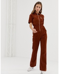 ASOS DESIGN Cord 70s Boilersuit With Flare In Chocolate