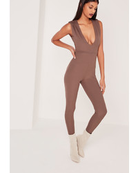 Missguided Ribbed Sleeveless Ruched Shoulder Romper Brown