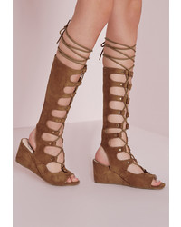 Missguided Knee High Wedge Gladiator Sandals Tan