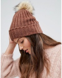 Pieces Knitted Pom Beanie In Copper Pink