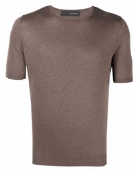 Brown Knit Silk Crew-neck T-shirt