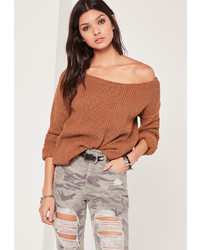 Missguided Off Shoulder Knit Sweater Tan