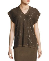 Misook Collection Cap Sleeve V Neck Sequined Knit Tunic Hazelblack