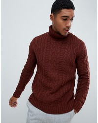 ASOS DESIGN Heavyweight Cable Knit Roll Neck Jumper In Brown