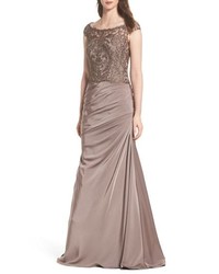 La Femme Beaded Lace Ruched Gown