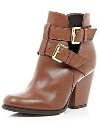 River Island Brown Leather Cut Out Buckle Ankle Boots