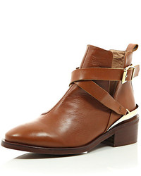 River Island Brown Leather Low Heeled Cut Out Ankle Boots