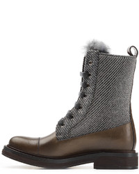 Brunello Cucinelli Leather Ankle Boots With Tweed