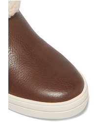 Burberry Shearling Lined Textured Leather Ankle Boots Brown